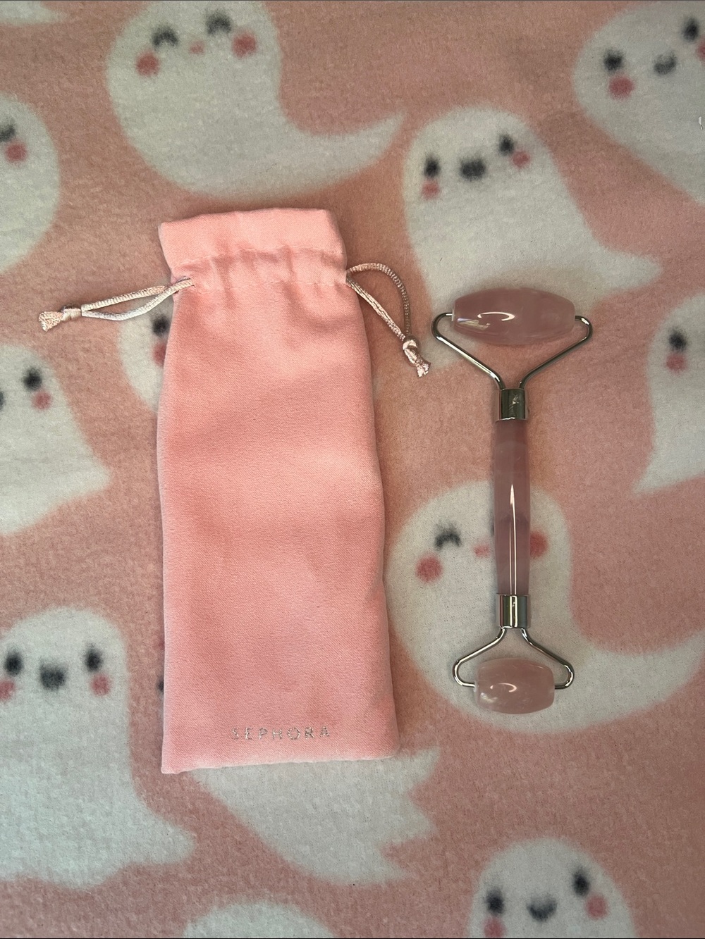 Sephora Rose Quartz Facial Roller with Pink Travel Pouch - Beauty Tool